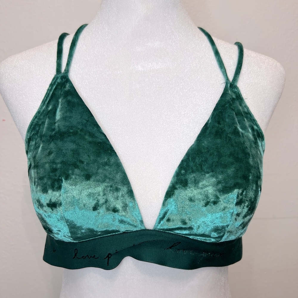 Victorias Secret PINK Hunter Green Cross Back Strap Velvet Bralette Size‎ Medium